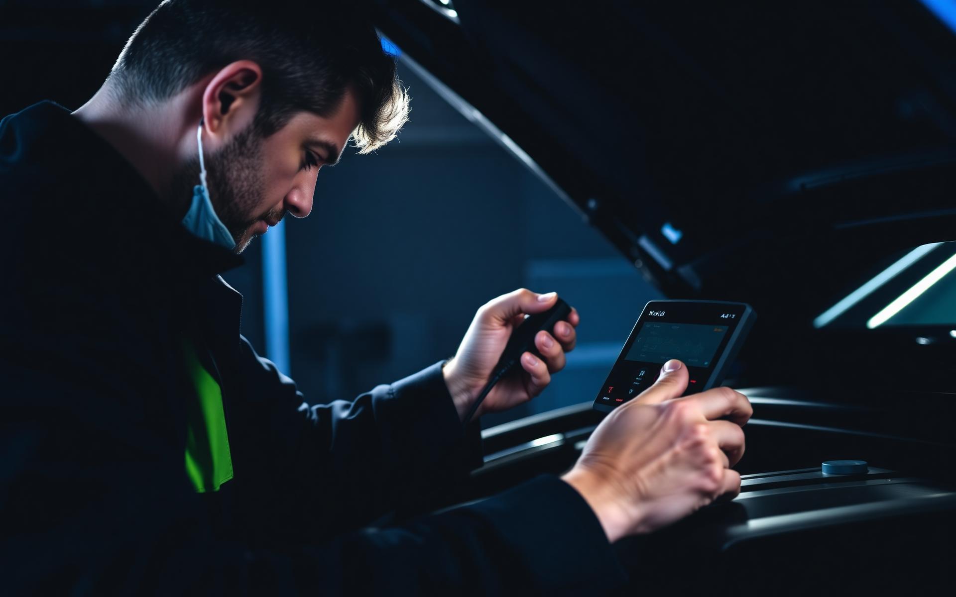 Técnico realizando diagnóstico eletrônico em veículo Volkswagen com scanner automotivo